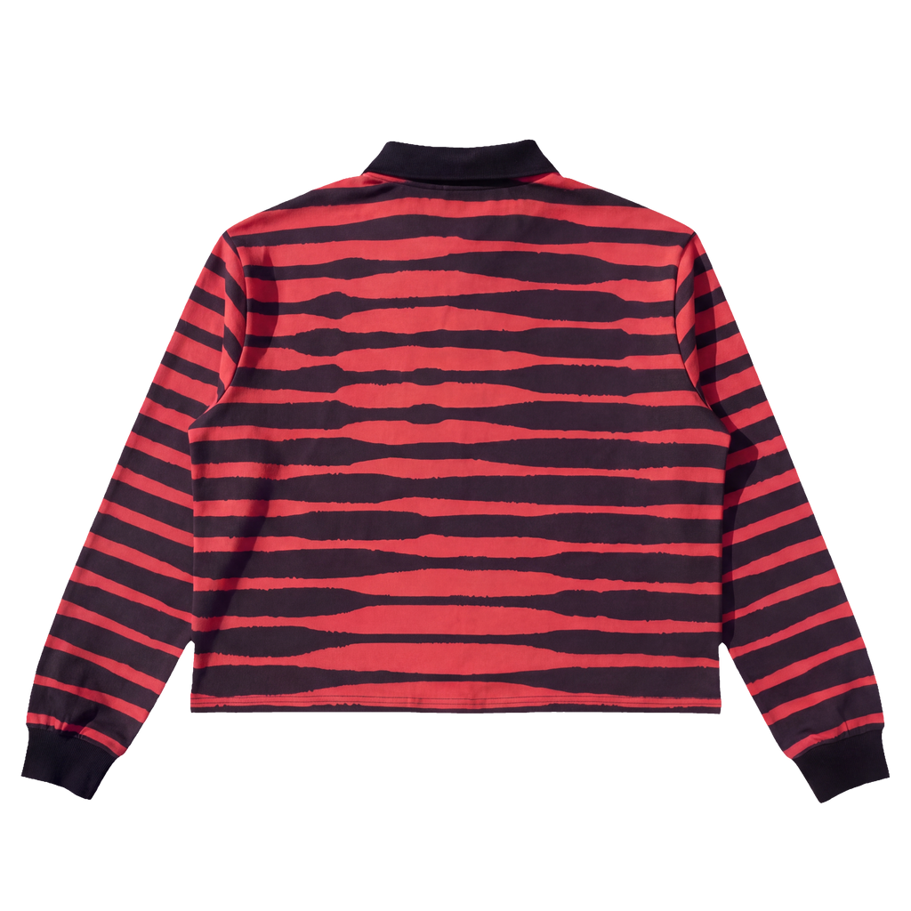 BLE222ED Akiyoshi Mona Lisa Polo, red-on-black hand-torn stripe — back