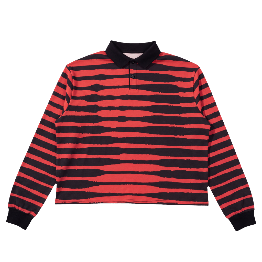 BLE222ED Akiyoshi Mona Lisa Polo, red-on-black hand-torn stripe with a two-button placket — front