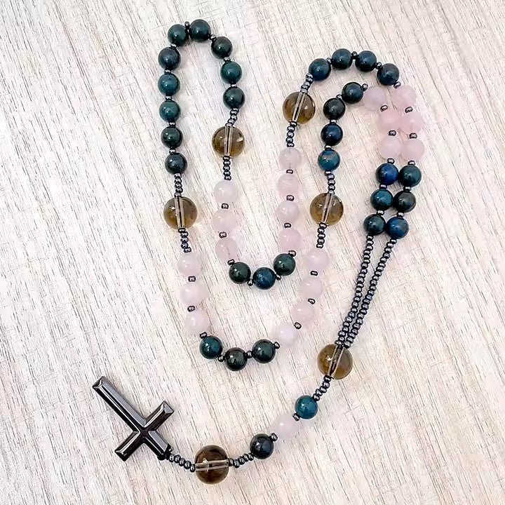 Handcrafted Rosary with Genuine Hematite, Fynchenite & Rose Quart Beads