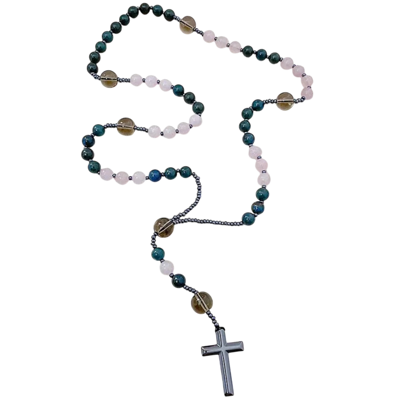 Handcrafted Rosary with Genuine Hematite, Fynchenite & Rose Quart Beads