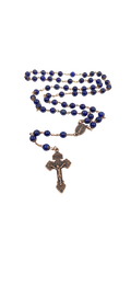 Handmade navy blue lazurite bead rosary necklace with an antique copper Miraculous Medal
