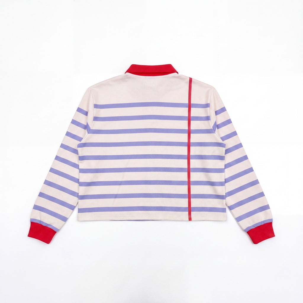 BLE222ED Sketchbook Polo, cream with blue and purple stripes and a red margin line, back