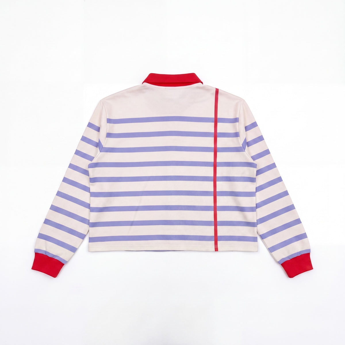 BLE222ED Sketchbook Polo, cream with blue and purple stripes and a red margin line, back