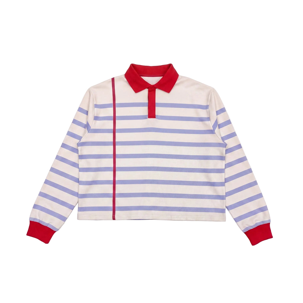 BLE222ED Sketchbook Polo, cream with blue and purple stripes and a red margin line, front
