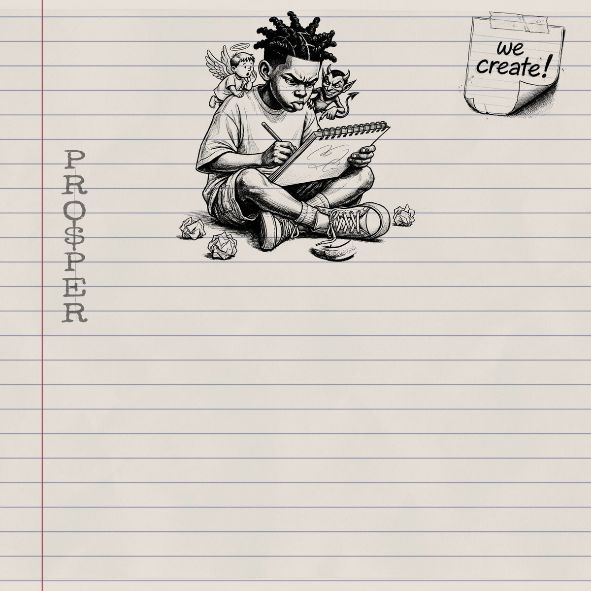 A page of cream ruled notebook paper with a hand drawn kid sitting cross legged sketching in a spiral pad, an angel on one shoulder and a devil on the other, crumpled paper around him, and a taped note reading we create to Create