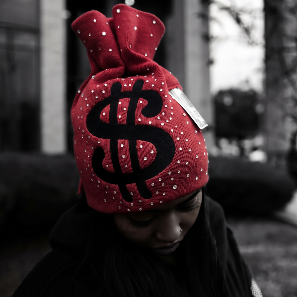 BLE222ED money bag beanie in red with a black dollar sign and set rhinestones