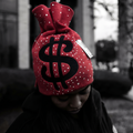 BLE222ED money bag beanie in red with a black dollar sign and set rhinestones