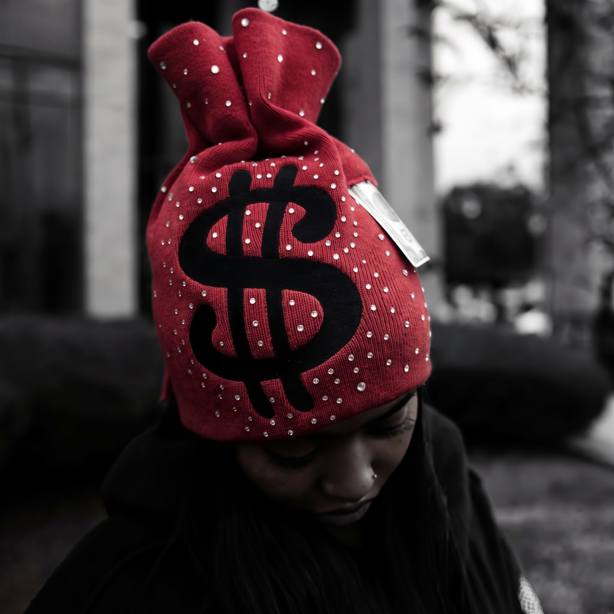 BLE222ED money bag beanie in red with a black dollar sign and set rhinestones